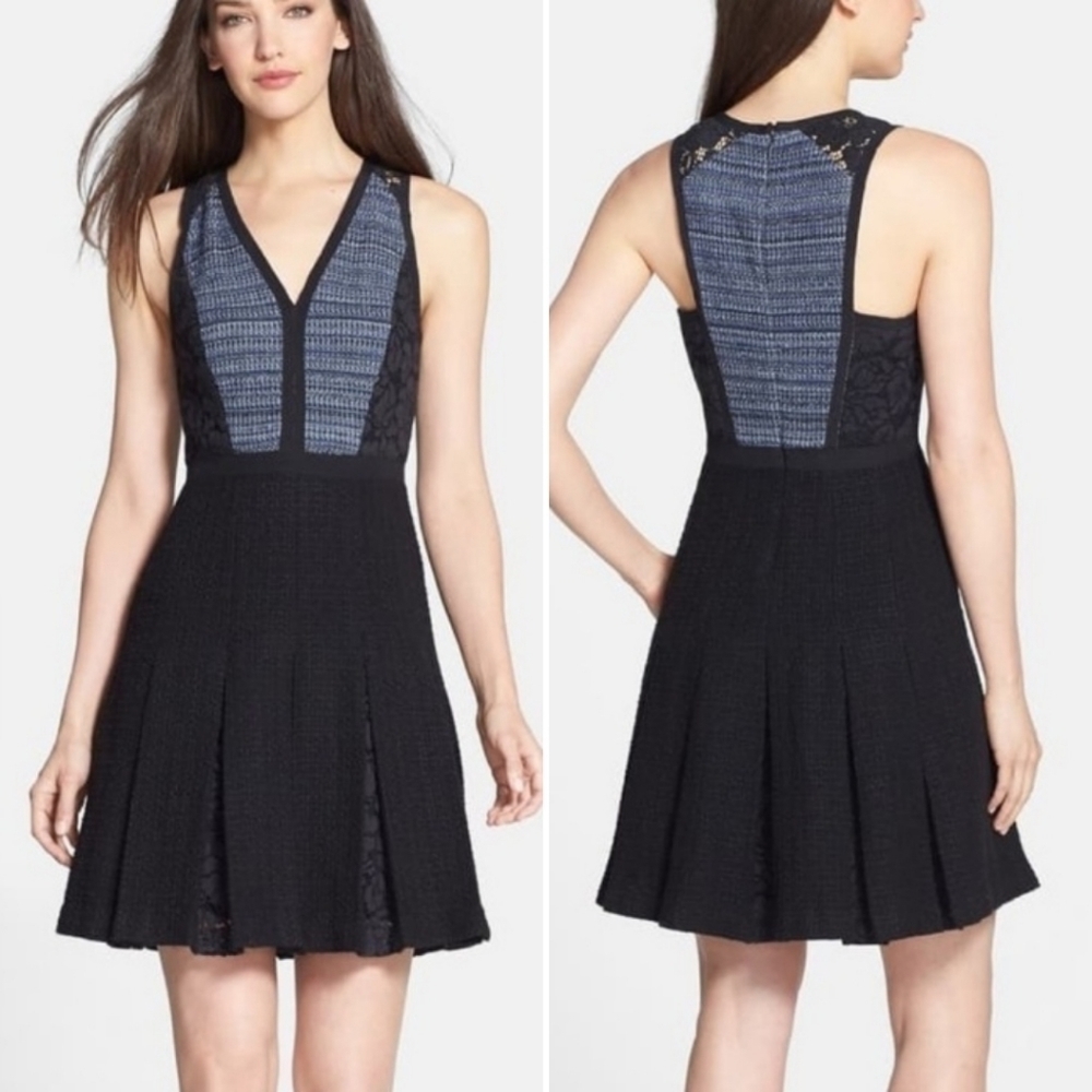 Rebecca Taylor Tweed‎ Lace Pleated Dress NWT new 6 indigo navy blue mini short